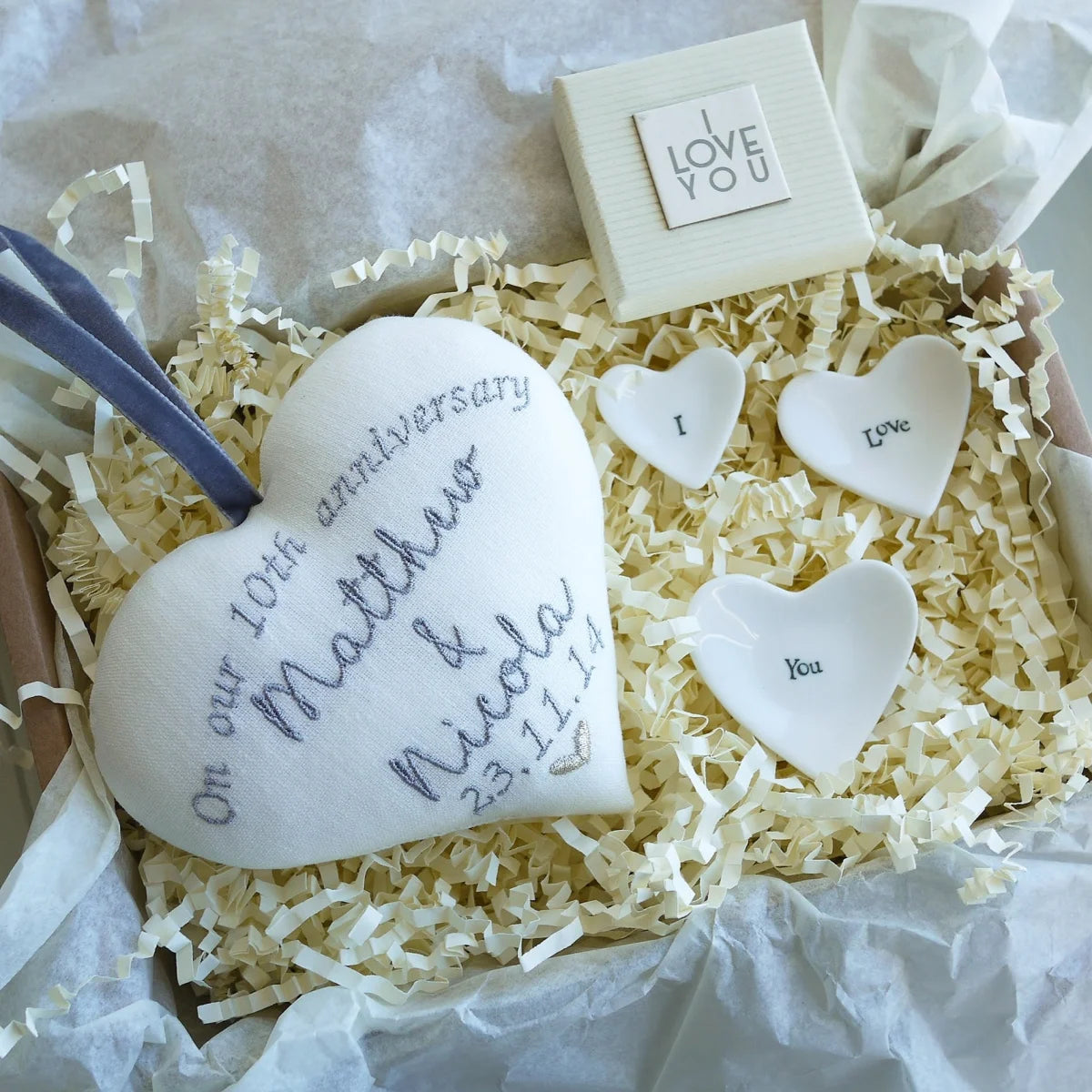 10th Tin Wedding Anniversary Gift Heart & Ring Dishes