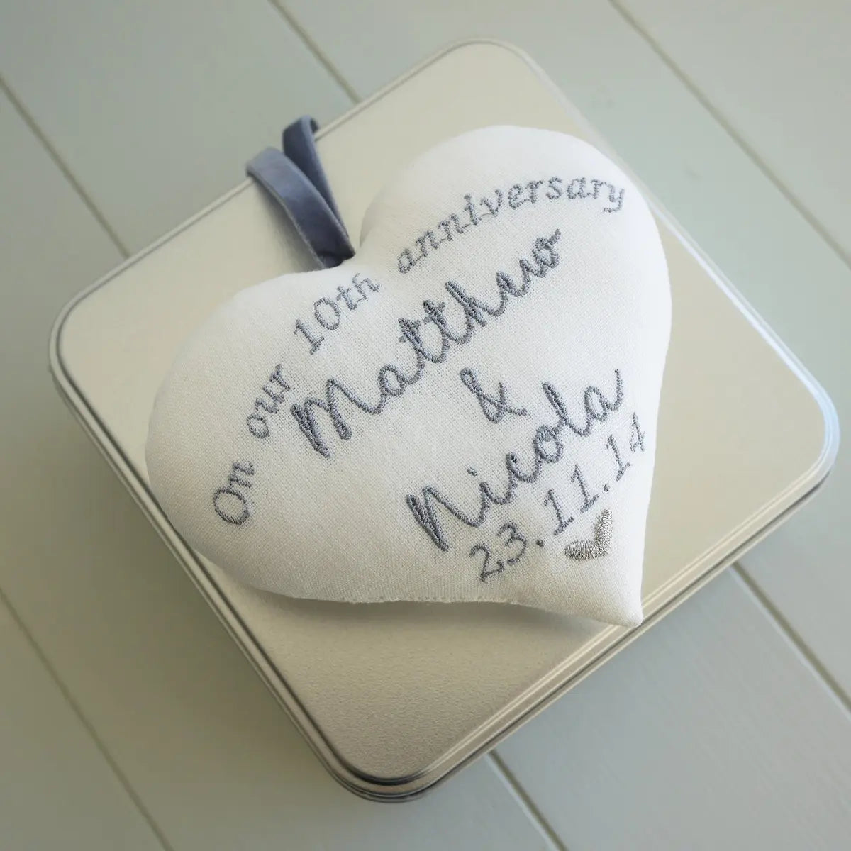 10th Tin Wedding Anniversary Embroidered Heart