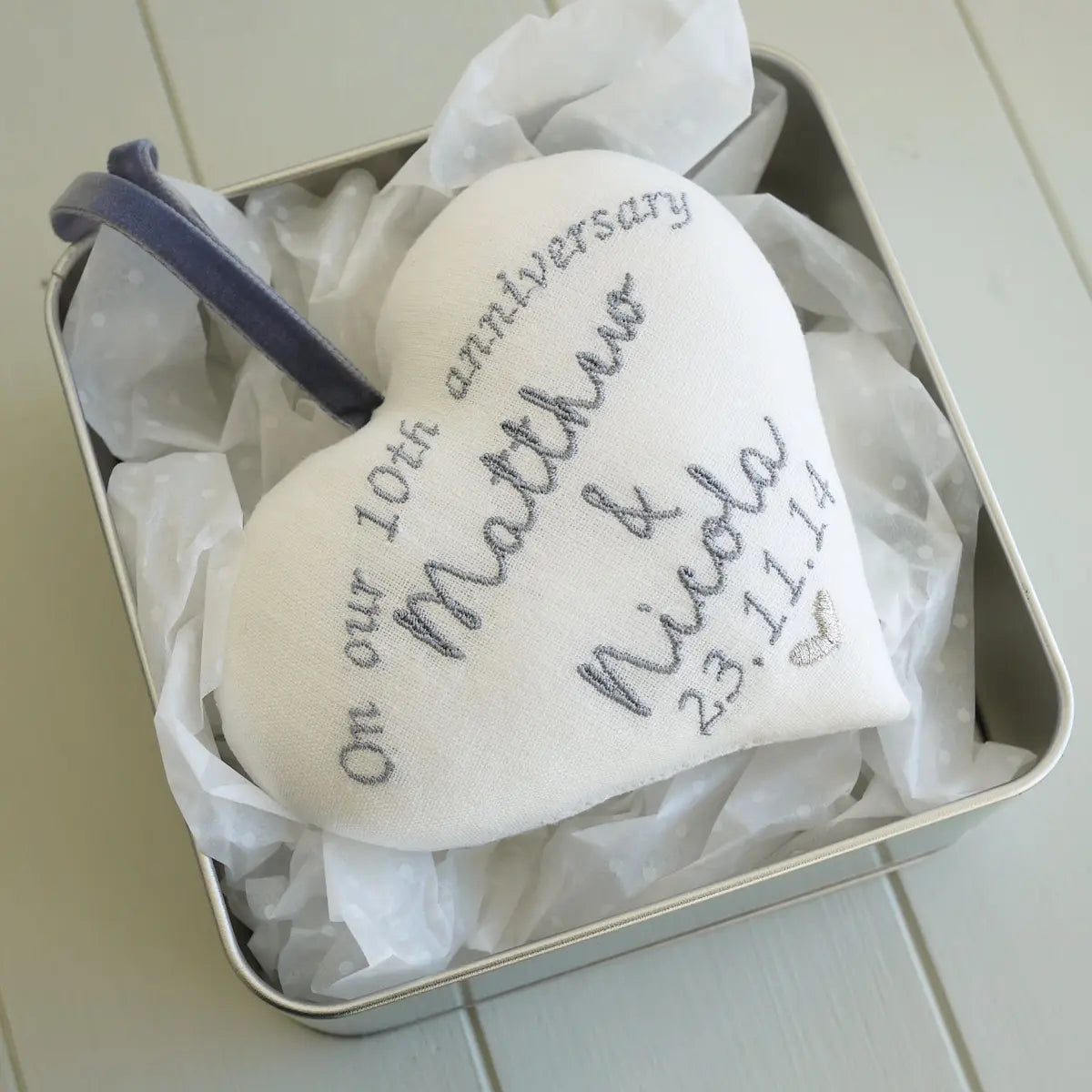 10th Tin Wedding Anniversary Embroidered Heart