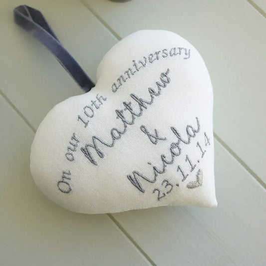 10th Wedding Anniversary Personalised Embroidered Heart