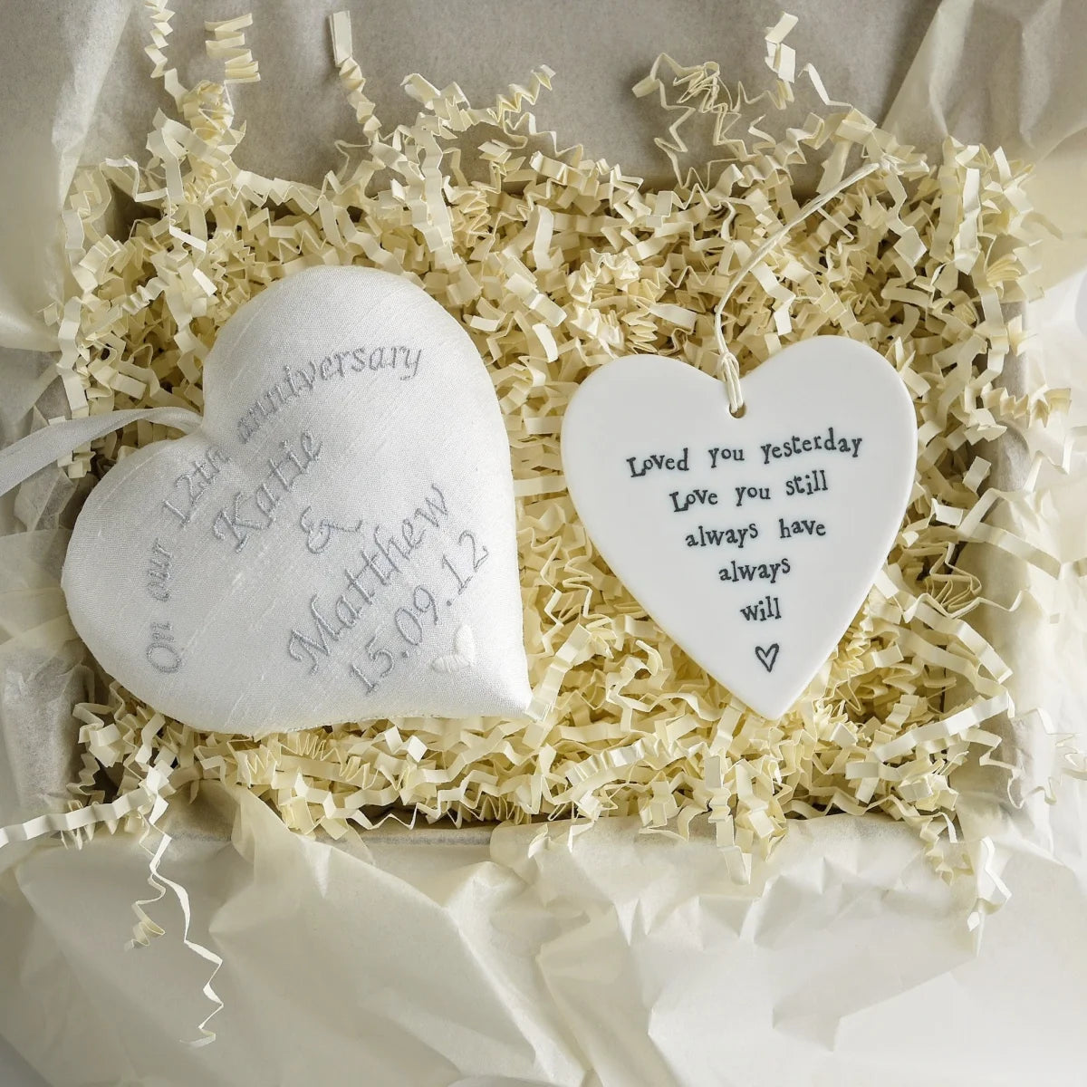 12th Silk Anniversary Gift Heart with Porcelain Heart