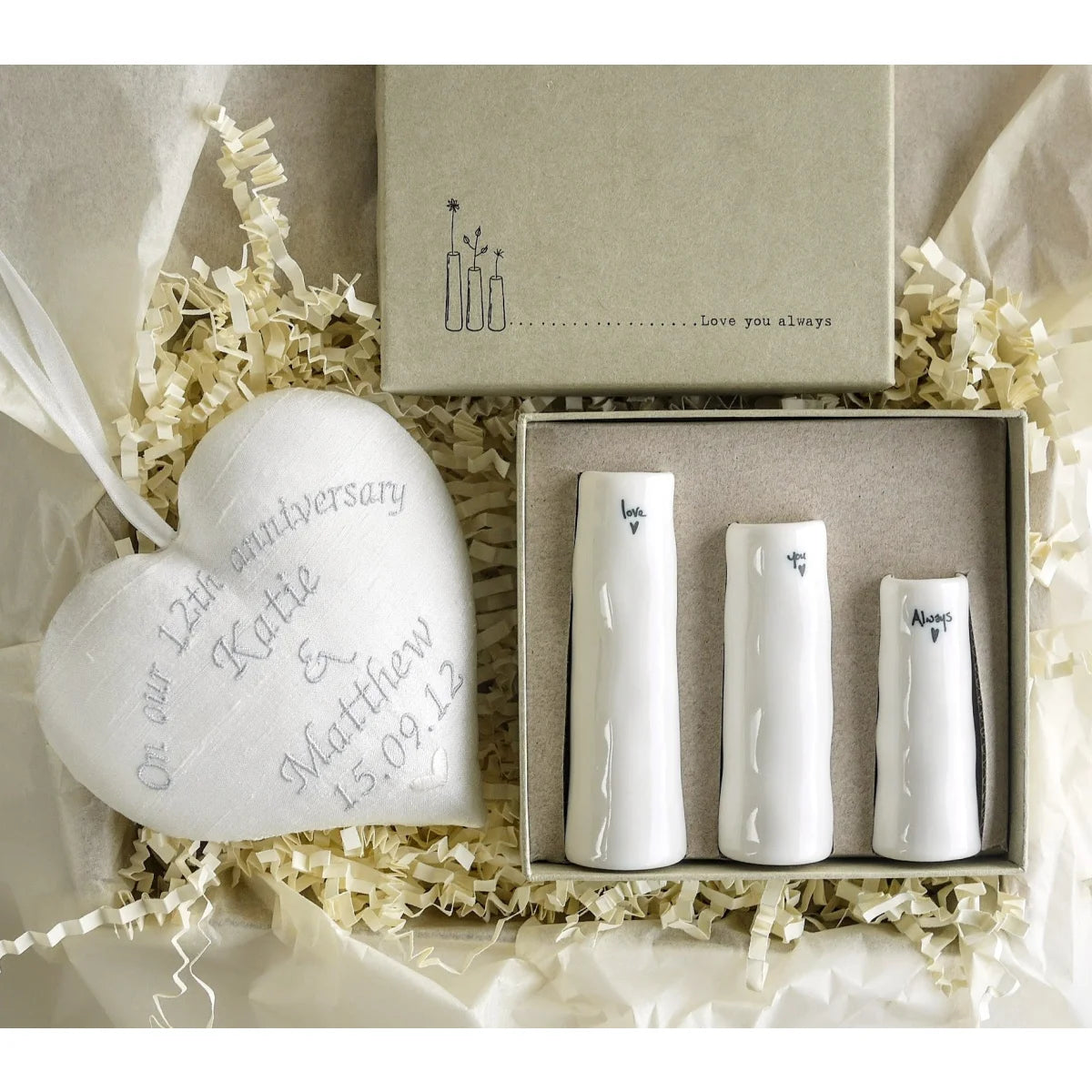 12th Silk Anniversary Gift Heart with Trio of Bud Vases