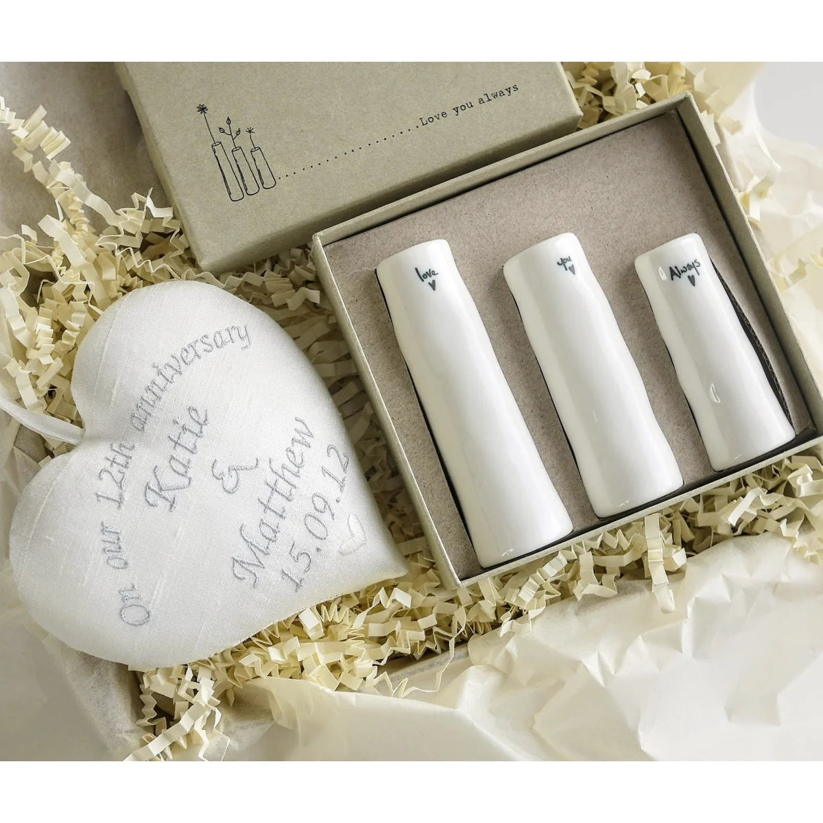 12th Silk Anniversary Gift Heart with Trio of Bud Vases