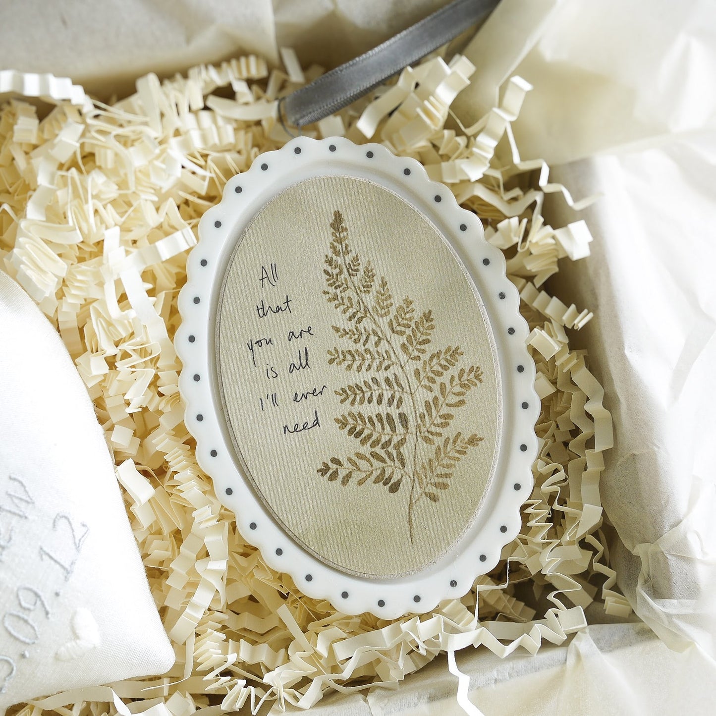 12th Silk Wedding Anniversary Gift Heart with Fern Leaf Scalloped Edge Decoration