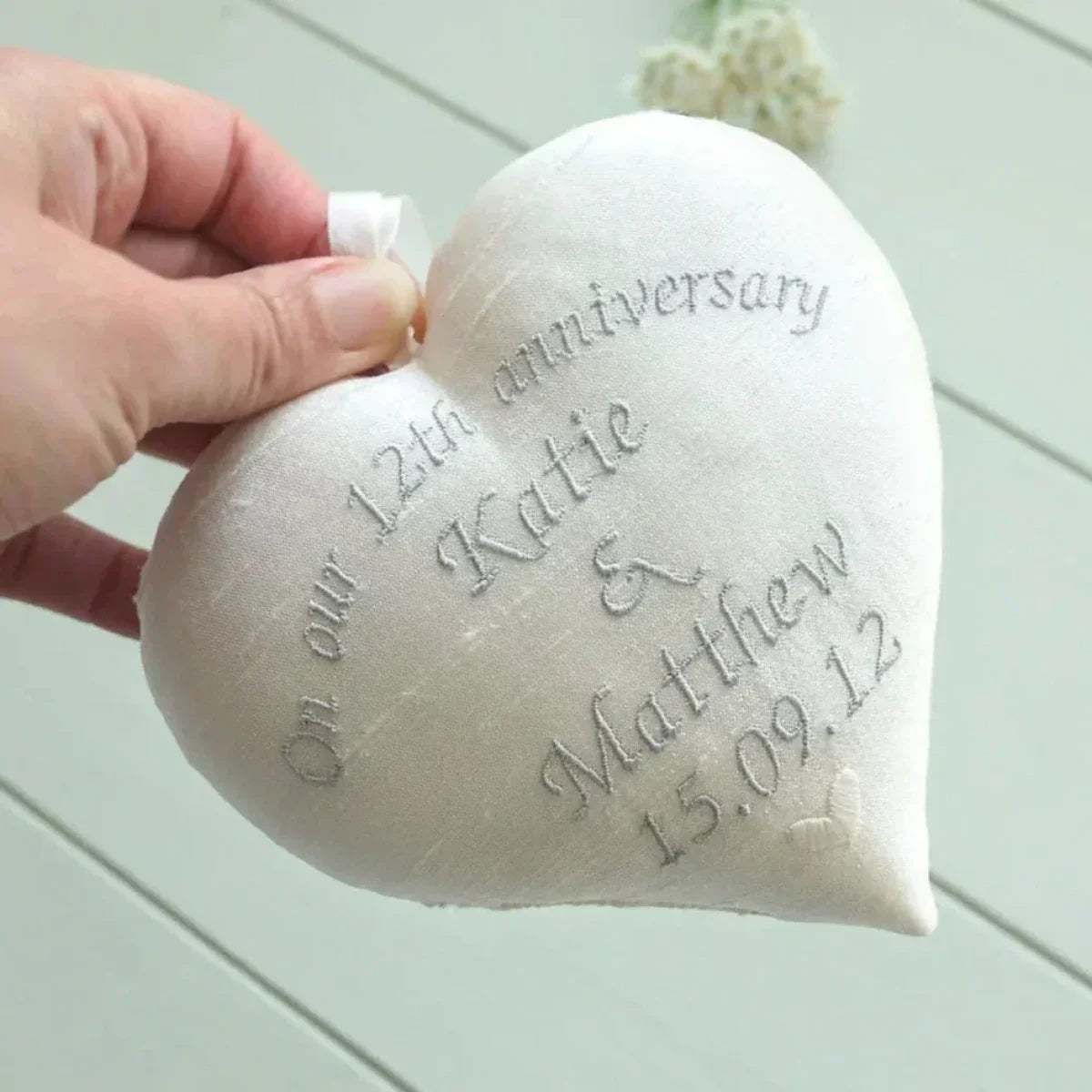 12th Silk Wedding Anniversary Gift Heart with Fern Leaf Scalloped Edge Decoration