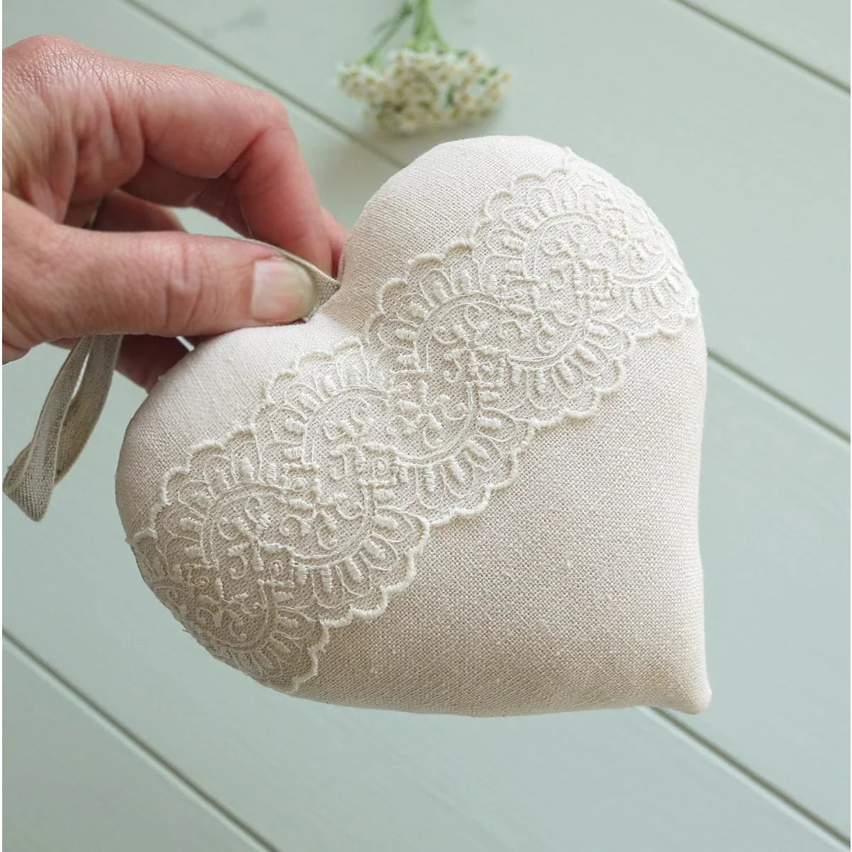 13th Lace Anniversary Embroidered Heart Gift with Porcelain Heart Keepsake