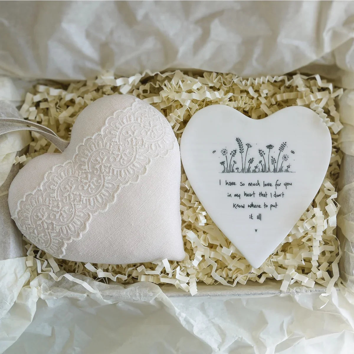 13th Lace Anniversary Embroidered Heart Gift with Porcelain Heart Keepsake