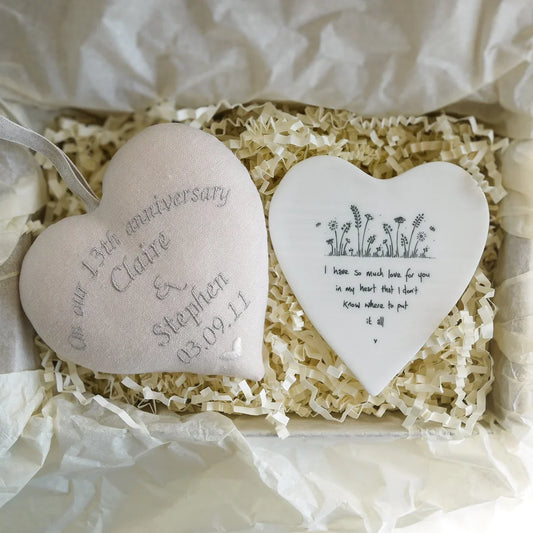 13th Lace Anniversary Embroidered Heart Gift with Porcelain Heart Keepsake