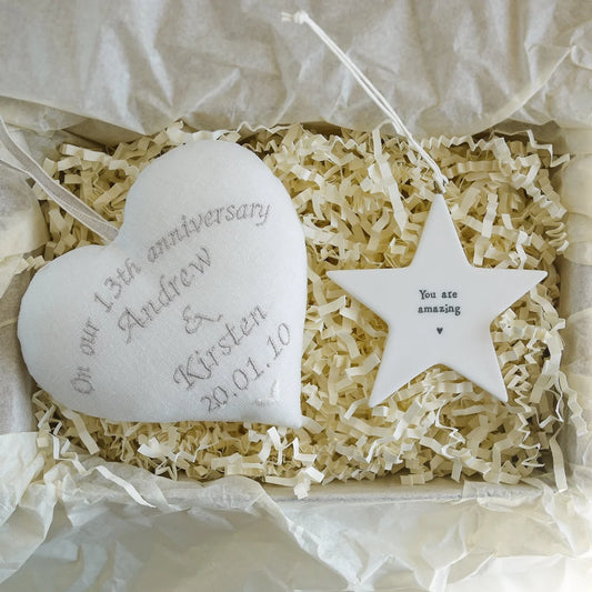 13th Wedding Anniversary Lace Gift Heart with Porcelain Star
