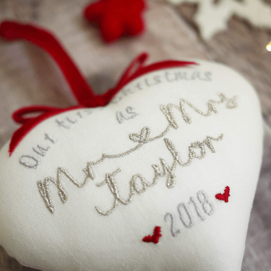 1st Christmas Married Gift Embroidered Heart with Scalloped Edge Decoration