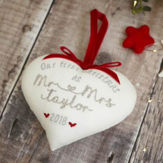 1st Christmas Married Gift Embroidered Heart with Scalloped Edge Decoration