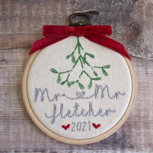 1st Christmas Married Mr and Mrs Embroidered Mistletoe Tree Decoration