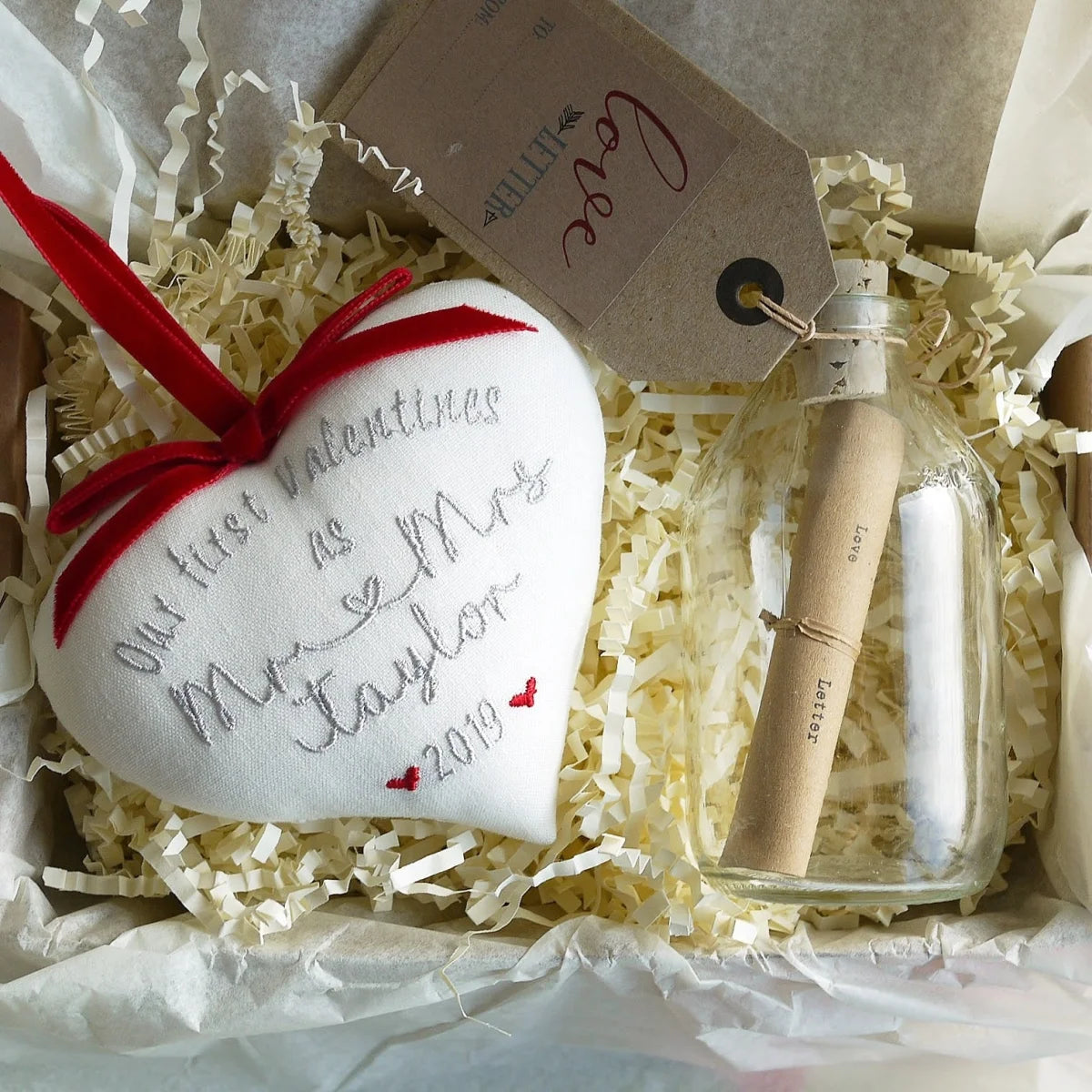 1st Valentines as Mr Mrs Gift Heart with Love Letter Inside a Glass Bottle linenhearts