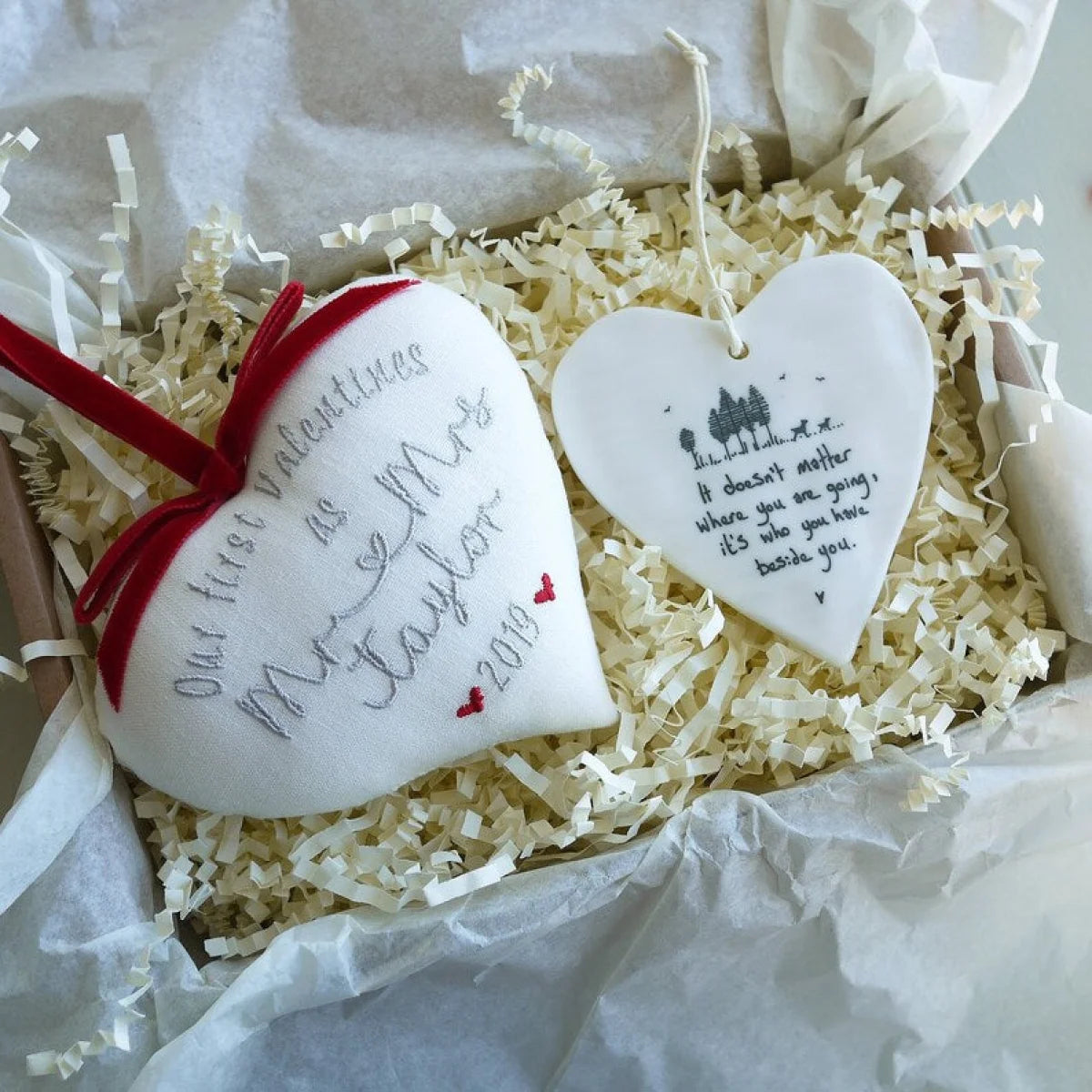 1st Valentines as Mr & Mrs Gift Heart with Porcelain Heart Decoration