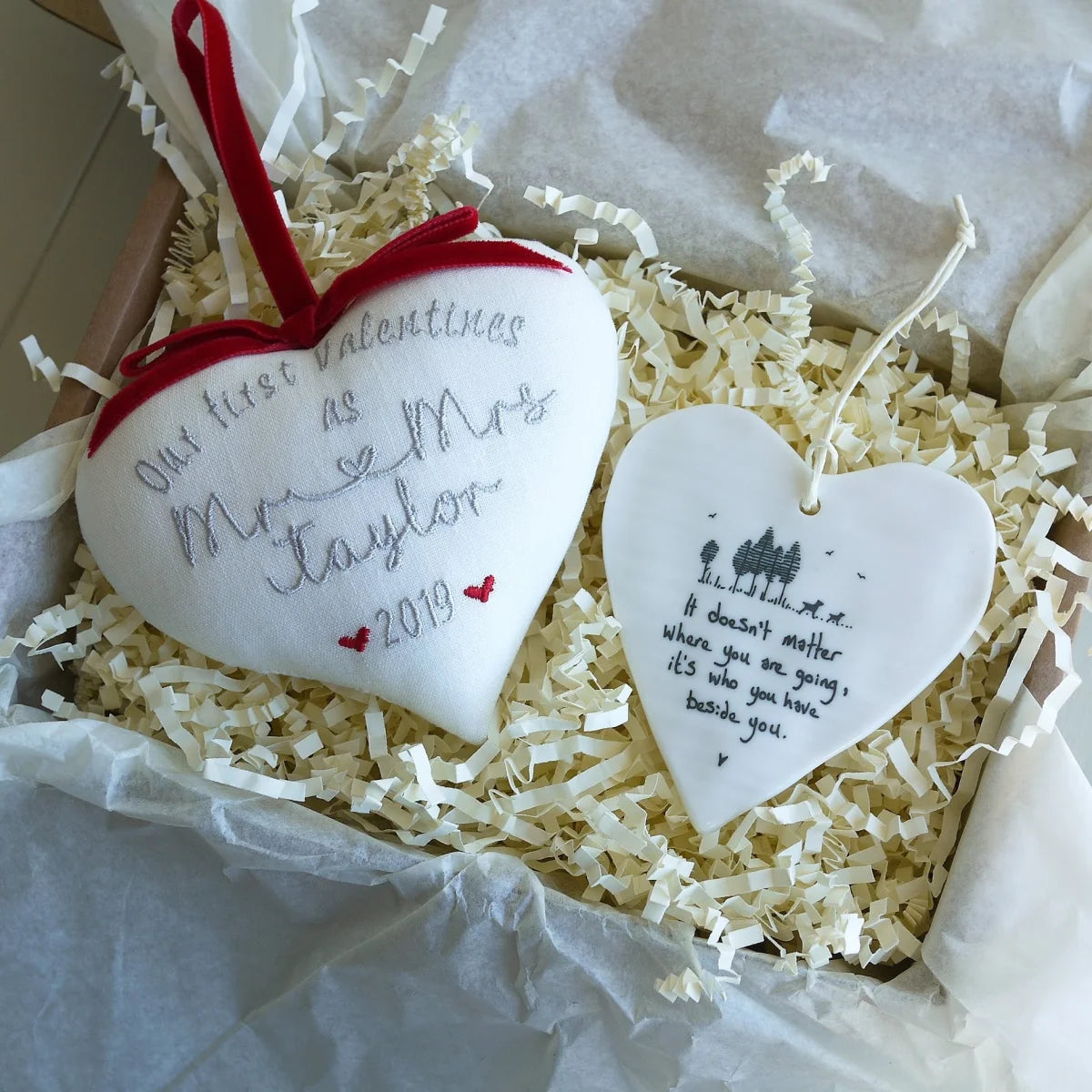 1st Valentines as Mr & Mrs Gift Heart with Porcelain Heart Decoration