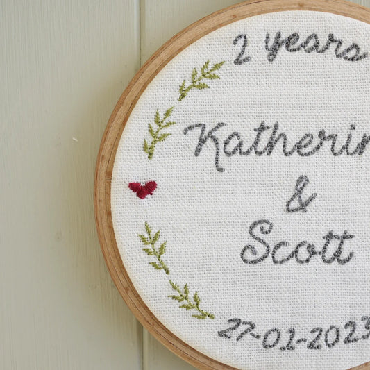 2nd Cotton Anniversary Personalised Gift Embroidered Hoop with Porcelain Keepsake