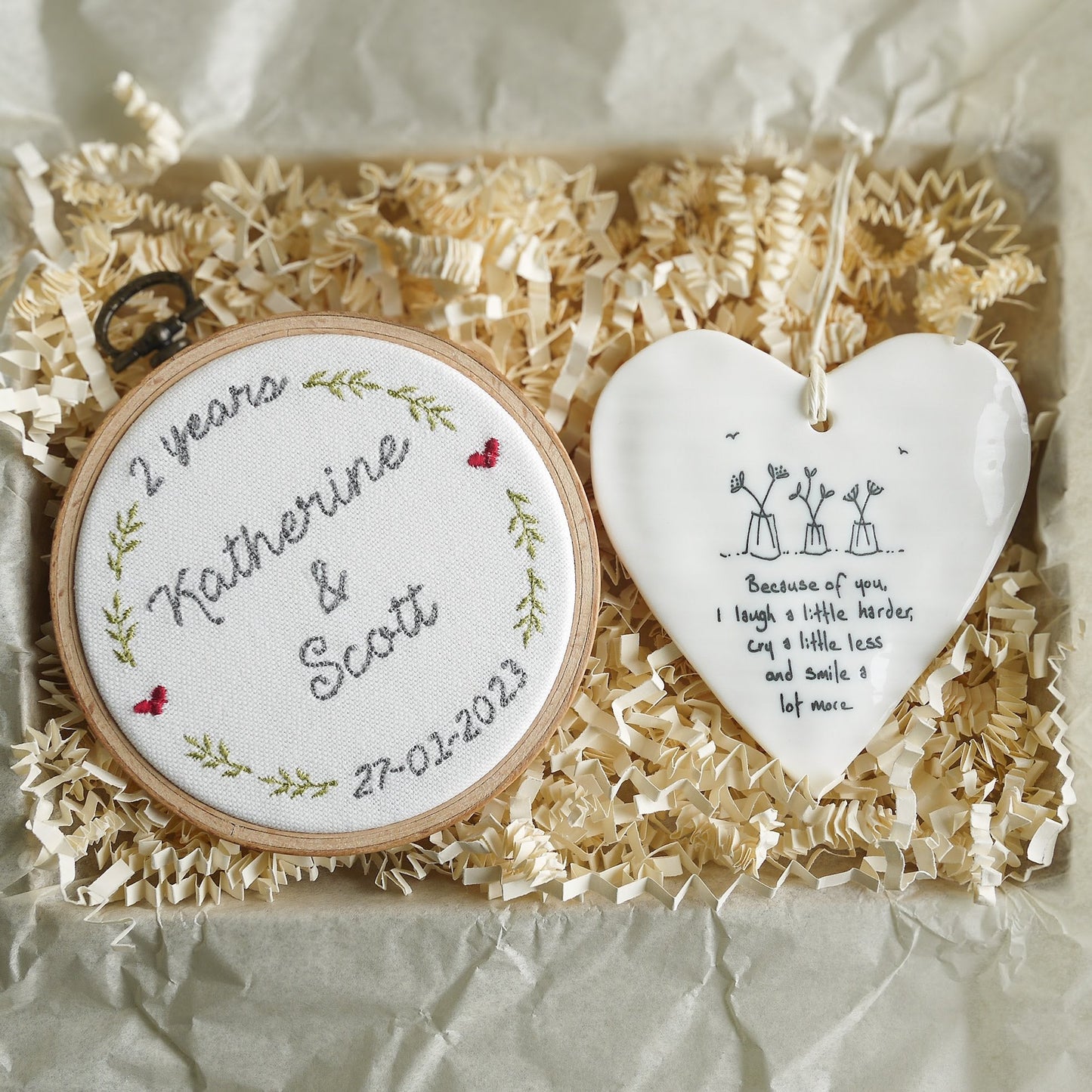 2nd Anniversary Personalised Gift Embroidered Cotton Hoop