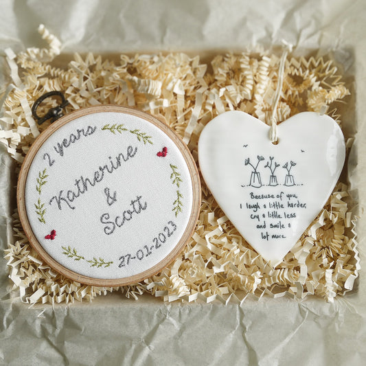 2nd Cotton Anniversary Personalised Gift Embroidered Hoop with Porcelain Keepsake