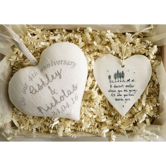 4th Linen Anniversary Gift Heart with Porcelain Heart