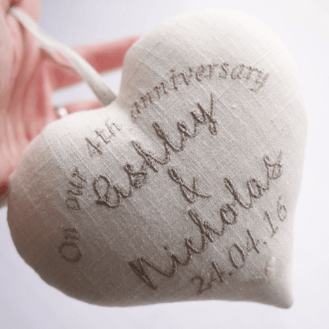4th Anniversary Embroidered Linen Heart with Porcelain Star