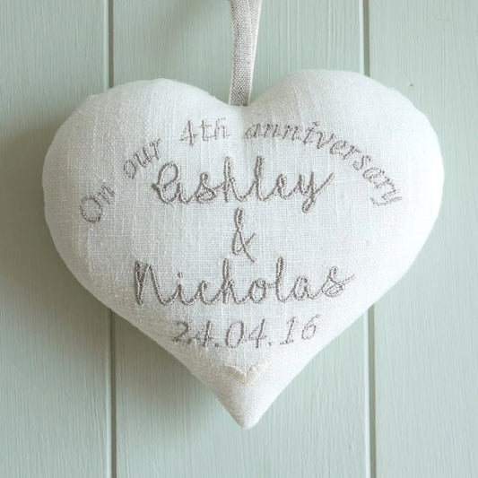 4th Anniversary Embroidered Linen Heart Gift