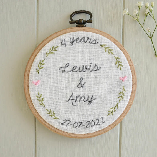 4th Linen Anniversary Personalised Gift Embroidered Hoop