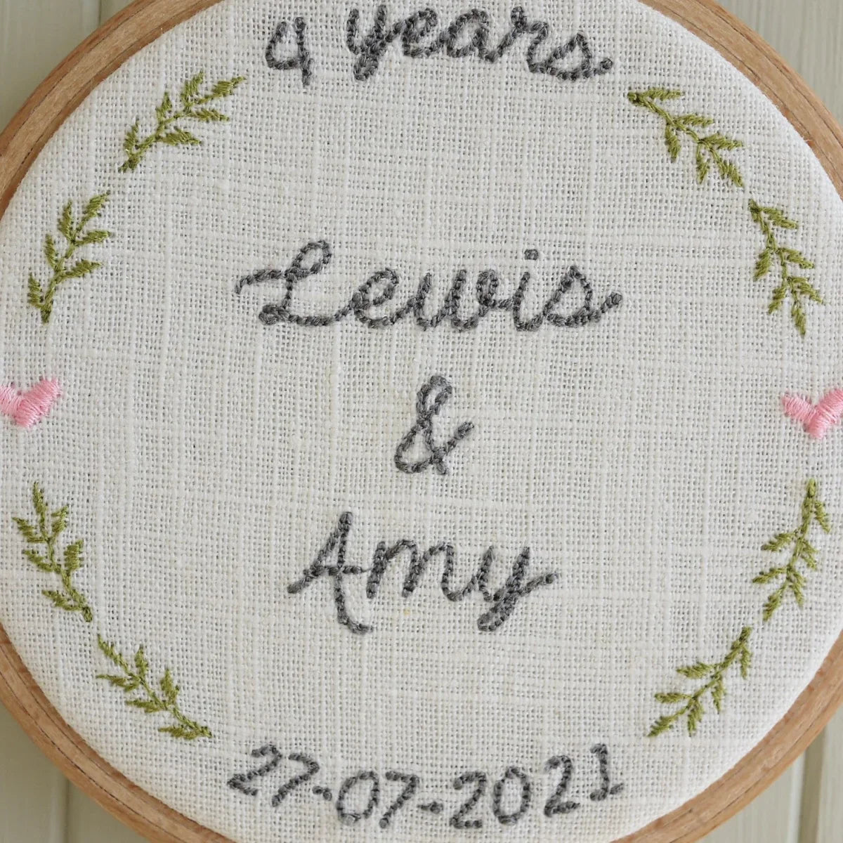 4th Linen Anniversary Personalised Gift - Embroidered Hoop with Porcelain Keepsake