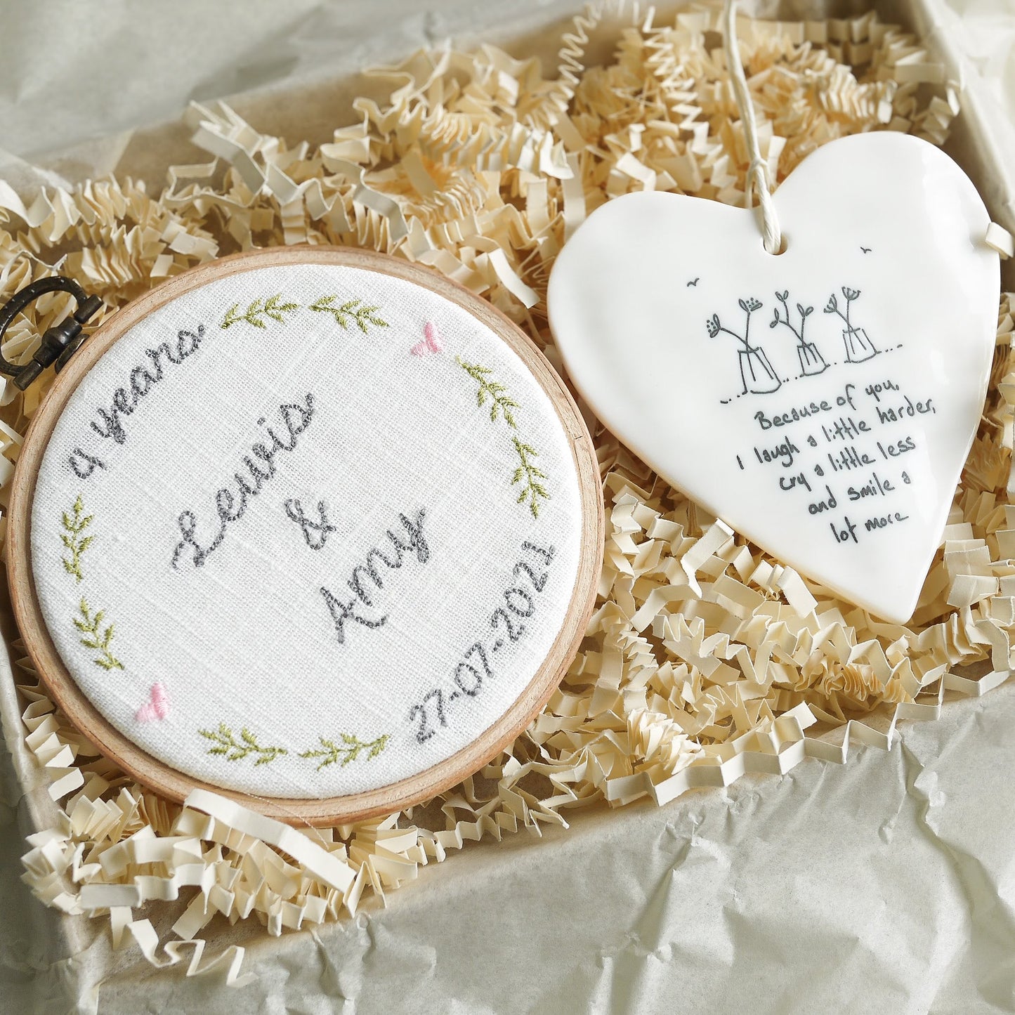 4th Linen Anniversary Personalised Gift - Embroidered Hoop with Porcelain Keepsake