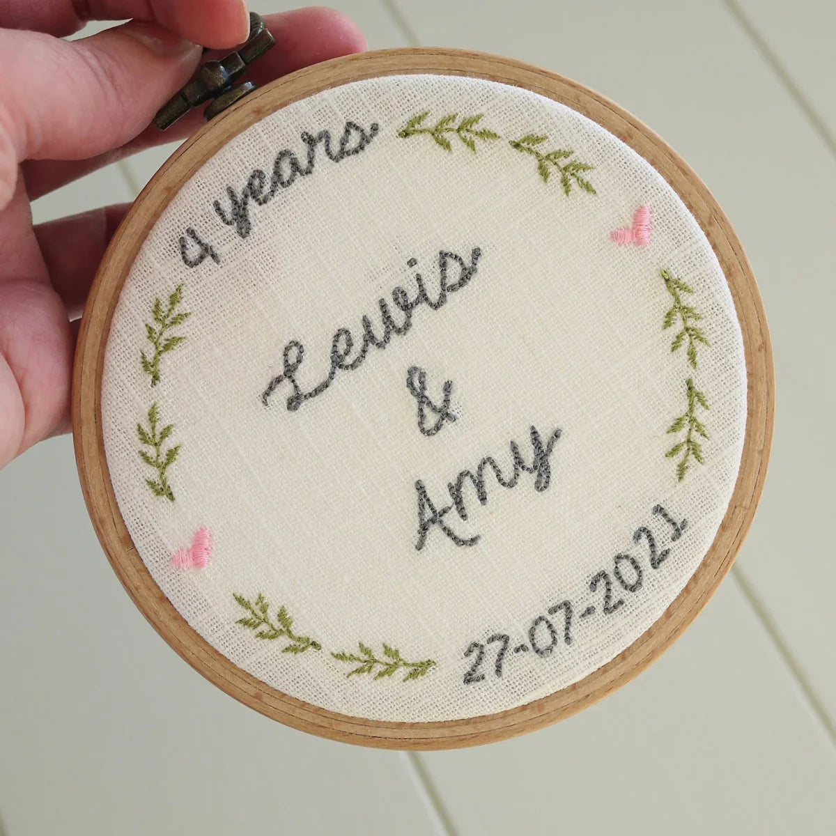 4th Linen Anniversary Personalised Gift - Embroidered Hoop with Porcelain Keepsake
