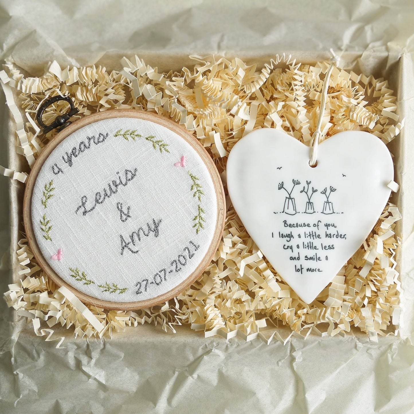4th Linen Anniversary Personalised Gift - Embroidered Hoop with Porcelain Keepsake