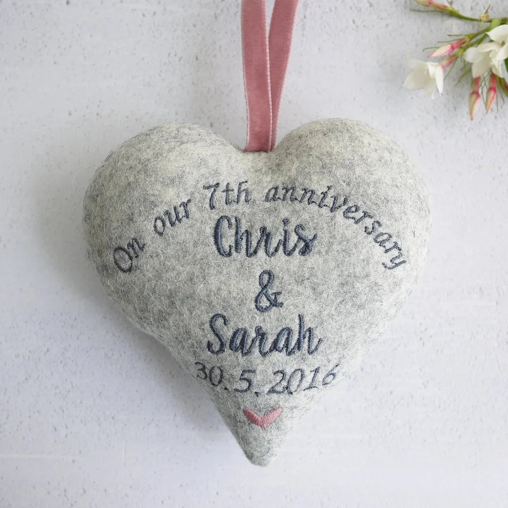 7th Wool Wedding Anniversary Embroidered Heart Set
