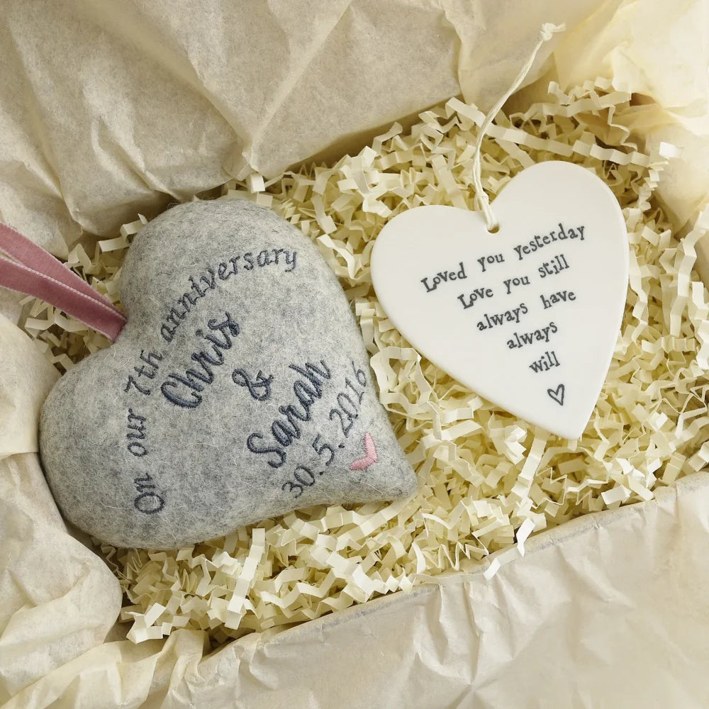 7th Wool Wedding Anniversary Embroidered Heart Set