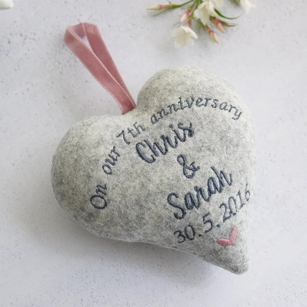 7th Wool Wedding Anniversary Embroidered Heart Set