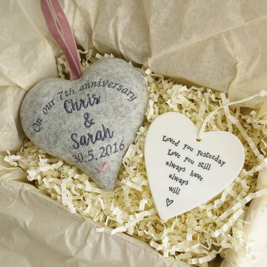 7th Wool Wedding Anniversary Embroidered Heart Set