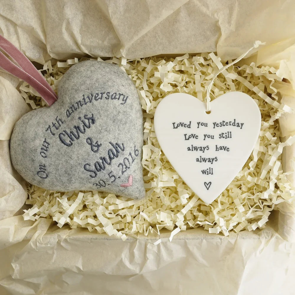 7th Wool Wedding Anniversary Embroidered Heart Set
