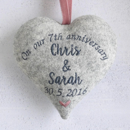 7th Wool Anniversary Embroidered Heart Gift