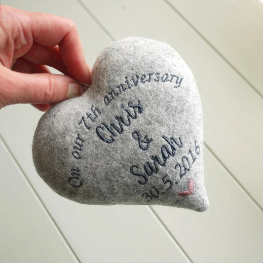 7th Wool Anniversary Embroidered Heart Gift