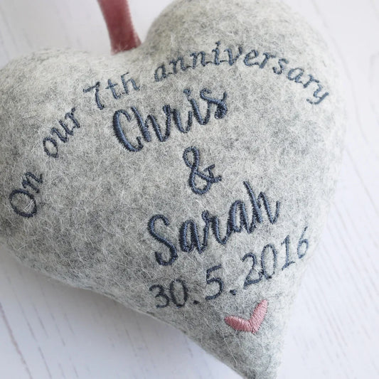 7th Wool Anniversary Embroidered Heart Gift