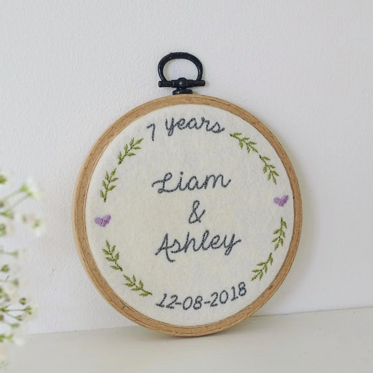 7th Wool Anniversary Gift Personalised Embroidered Hoop