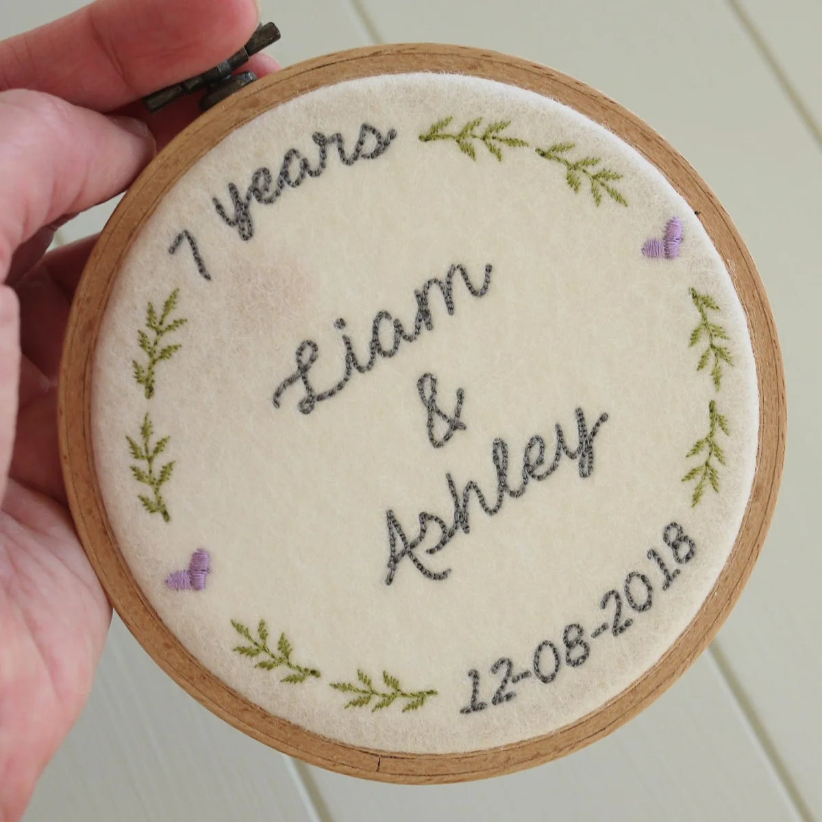 7th Wool Anniversary Gift Personalised Embroidered Hoop