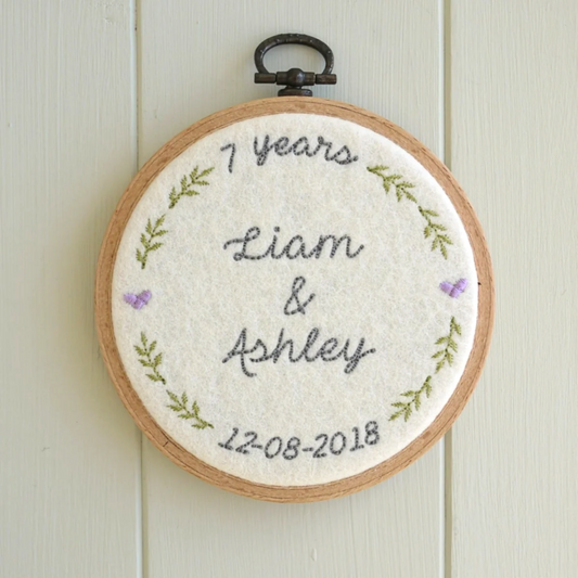 7th Wool Anniversary Personalised Gift - Embroidered Hoop with Porcelain Keepsake