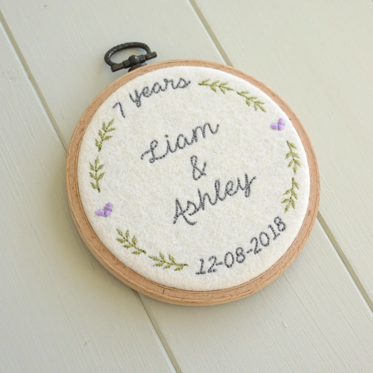 7th Wool Anniversary Personalised Gift - Embroidered Hoop with Porcelain Keepsake