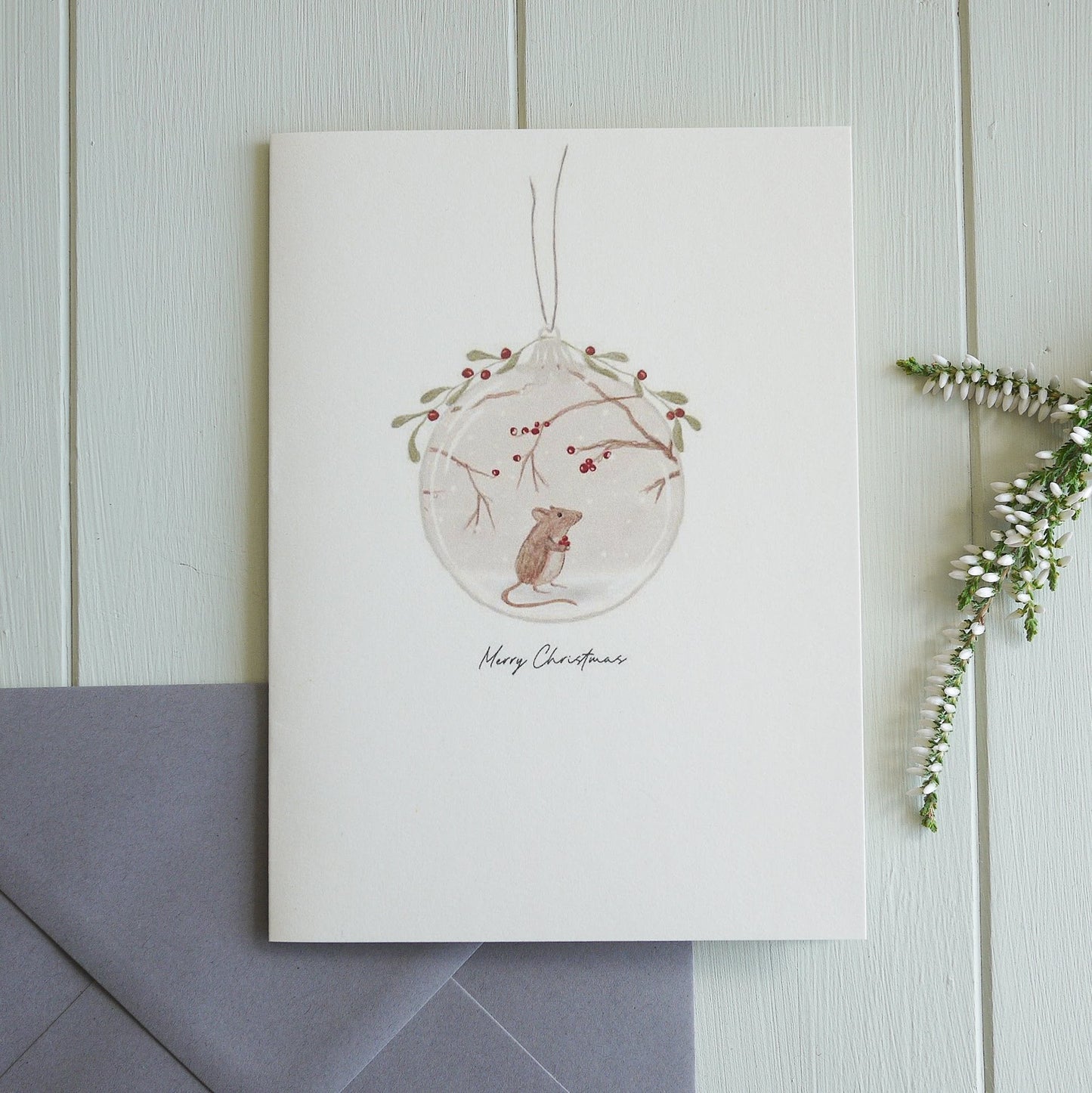 East of India Christmas card with mouse and bauble illustration