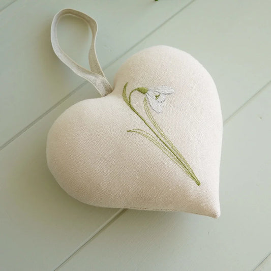 Embroidered January Birth Flower Snowdrop Gift heart - peachy pink Birthday Gifts