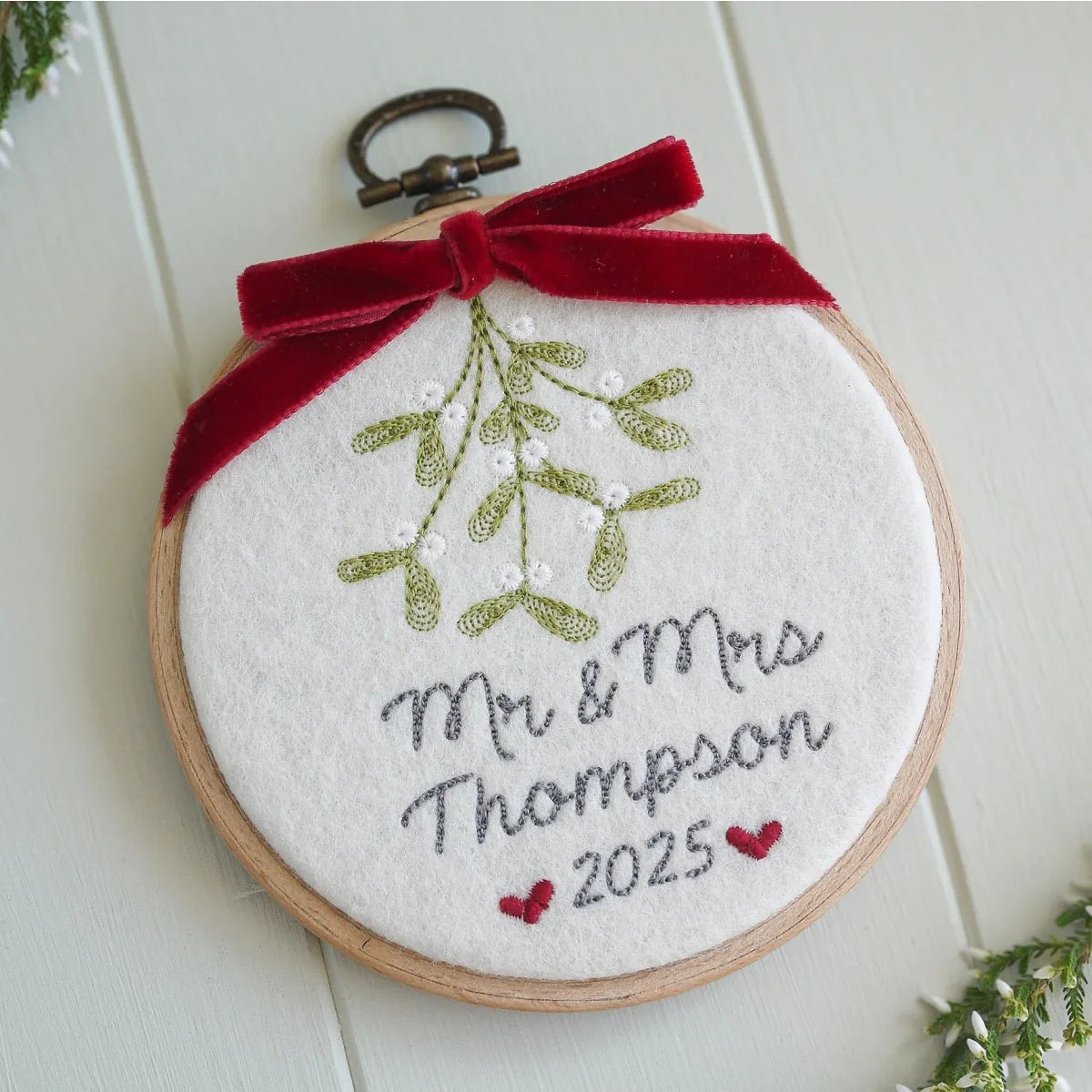 1st Christmas Mr and Mrs Gift - Mistletoe Hoop with Porcelain Bauble