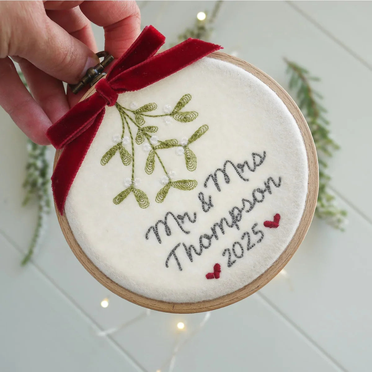 1st Christmas Mr and Mrs Gift - Mistletoe Hoop with Porcelain Bauble