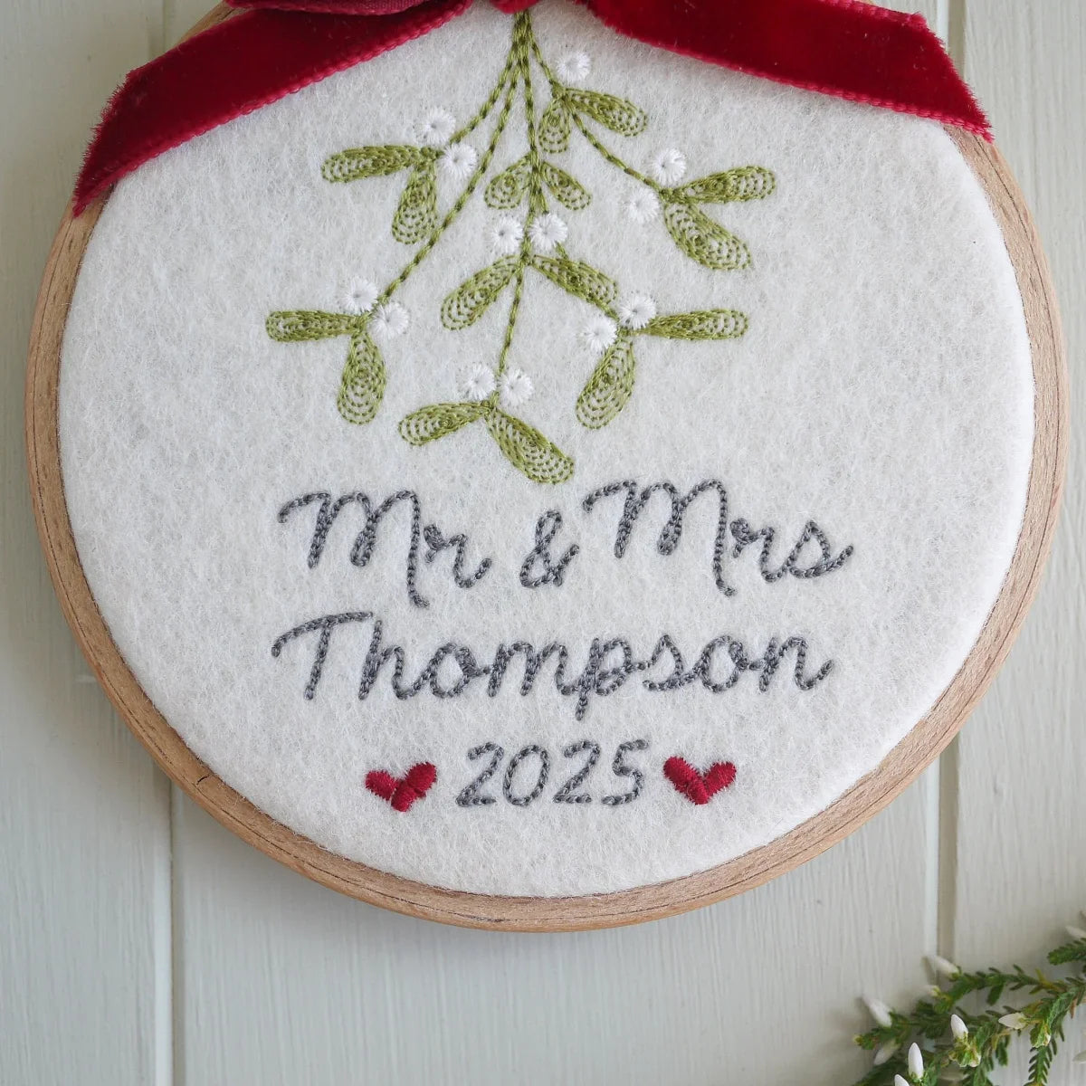 1st Christmas Mr and Mrs Gift - Mistletoe Hoop with Porcelain Bauble