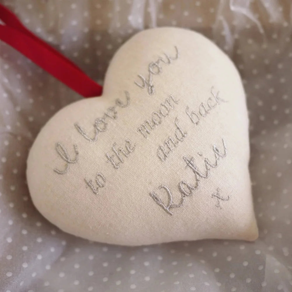 Linen Gift Heart Personalised With Embroidered Message