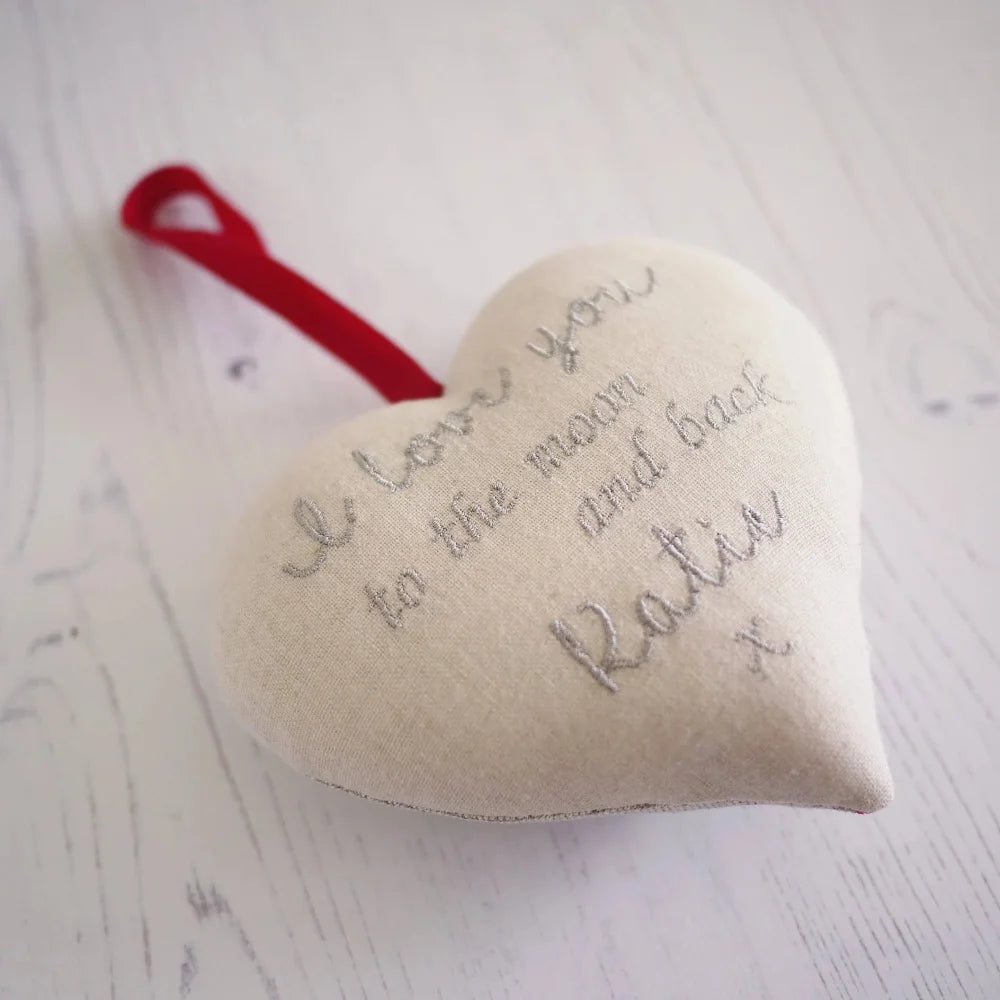 Linen Gift Heart Personalised With Embroidered Message