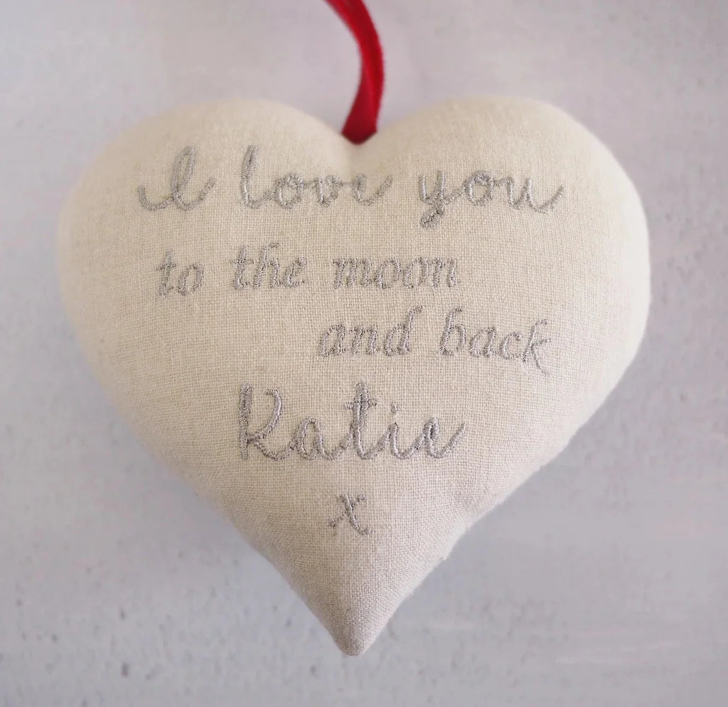 Linen Gift Heart Personalised With Embroidered Message